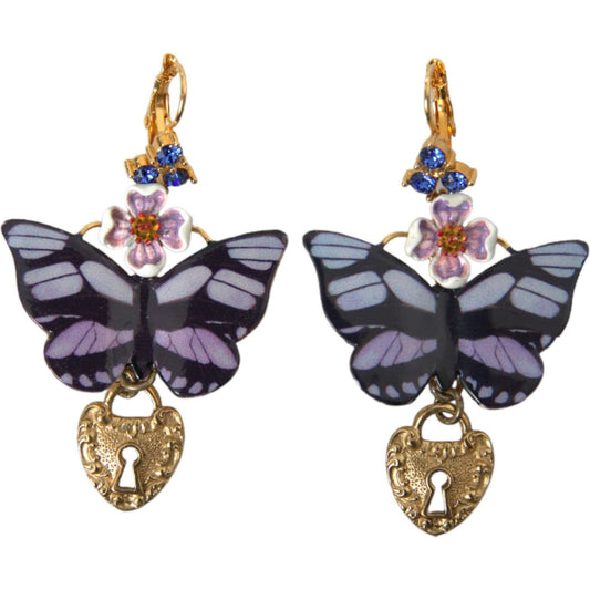 Dolce & Gabbana Gold Purple Crystal Butterfly Heart Locket Earrings Dolce & Gabbana