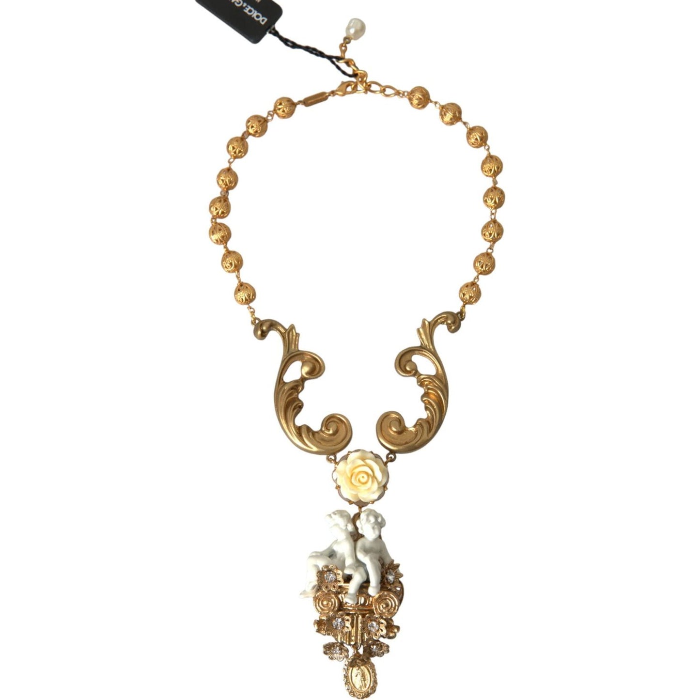 Dolce & Gabbana Gold Brass Angel Floral Beaded Embellished Necklace Dolce & Gabbana