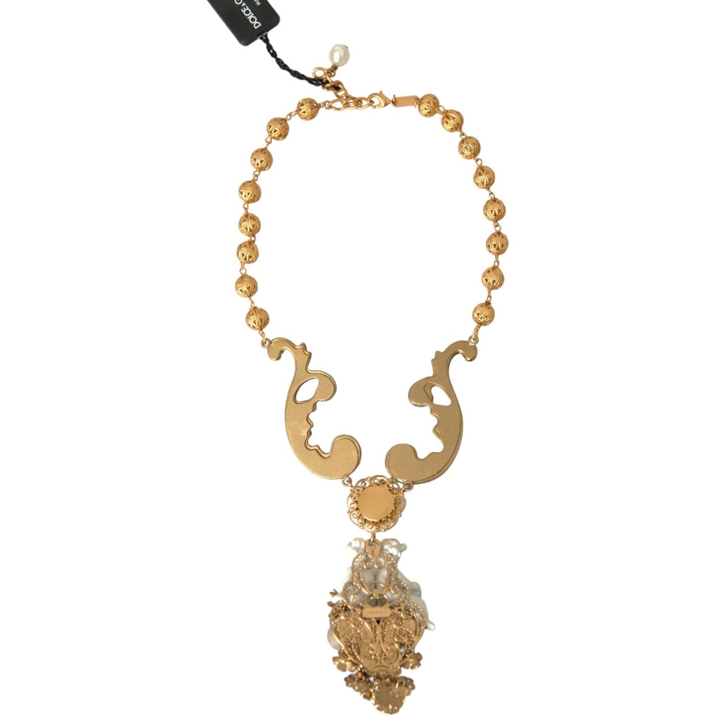 Dolce & Gabbana Gold Brass Angel Floral Beaded Embellished Necklace Dolce & Gabbana