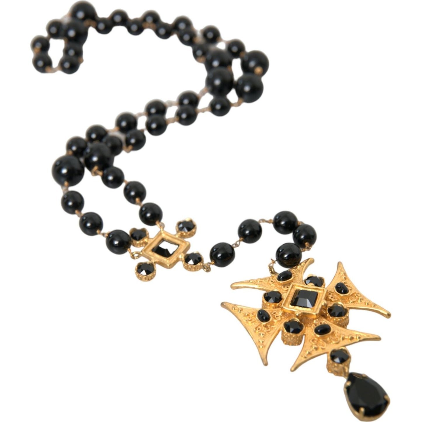 Dolce & Gabbana Gold Tone Brass Cross Black Beaded Chain Rosary Necklace Necklace Dolce & Gabbana