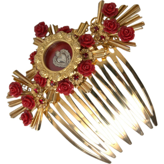 Dolce & Gabbana Gold Brass Crystal Heart Floral Hair Comb Dolce & Gabbana