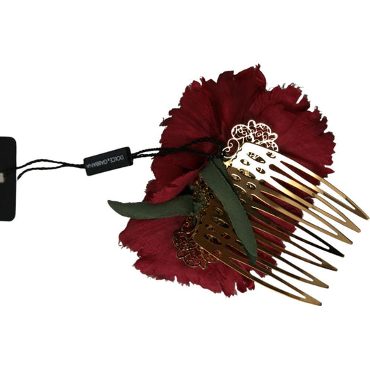 Dolce & Gabbana Red Silk Floral Gold Brass Women Hair Comb Dolce & Gabbana