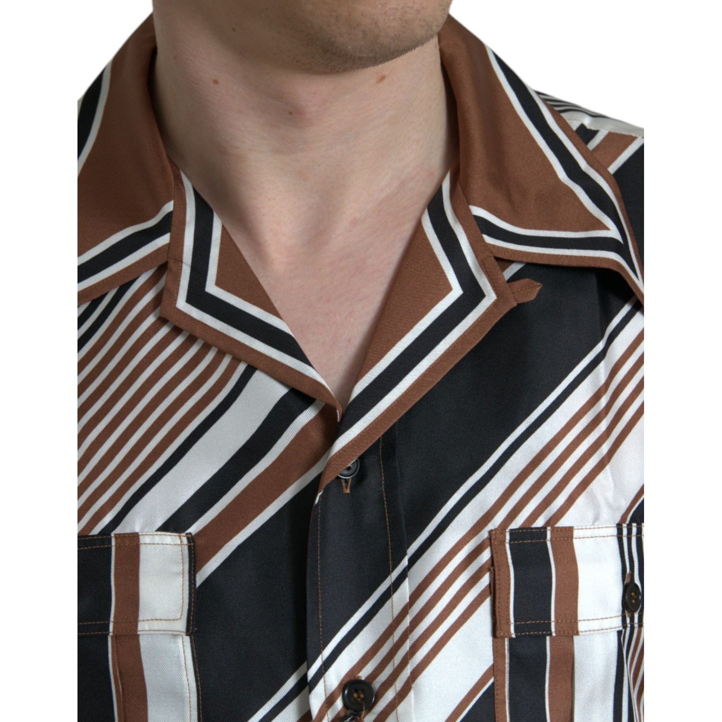 Dolce & Gabbana Brown White Silk Striped Short Sleeve Shirt Dolce & Gabbana