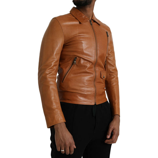 Dolce & Gabbana Brown Lamb Leather Full Zip Blouson Jacket Dolce & Gabbana