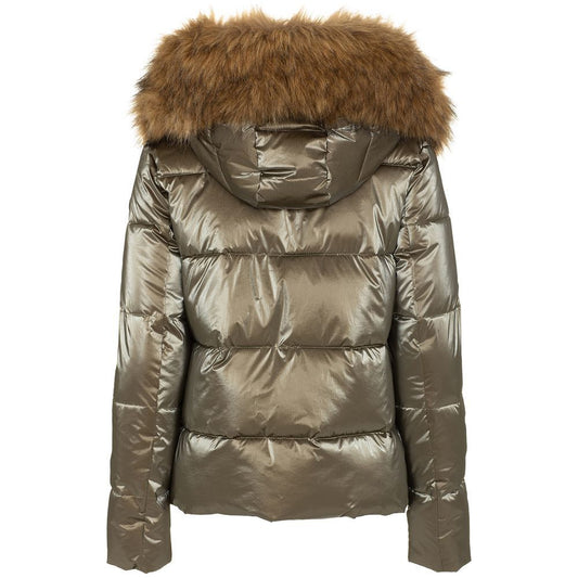 Imperfect Eco-Fur Hooded Down Jacket in Brown Imperfect