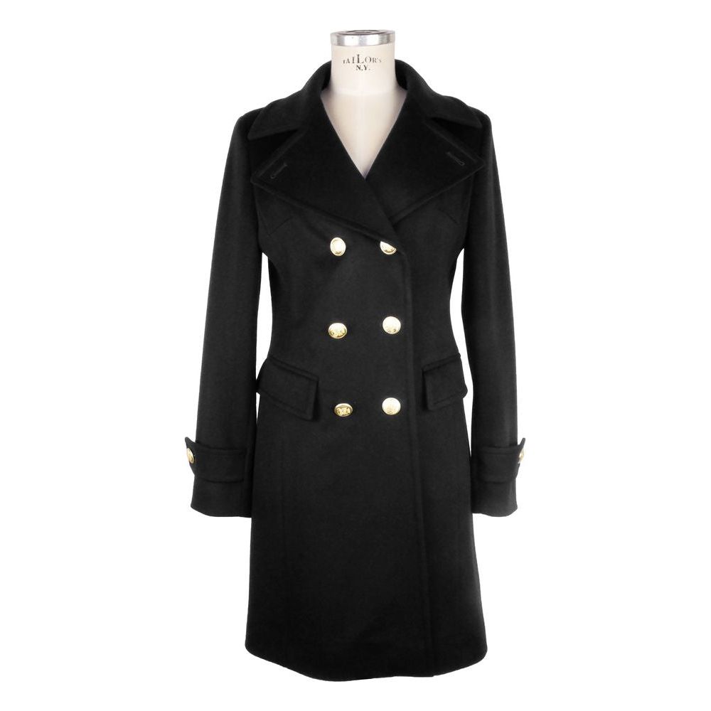 Made in Italy Elegant Black Woolen Coat with Gold Buttons Made in Italy