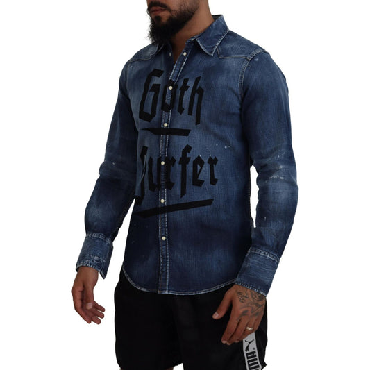 Dsquared² Blue Washed Goth Surfer Print Men Denim Shirt Dsquared²