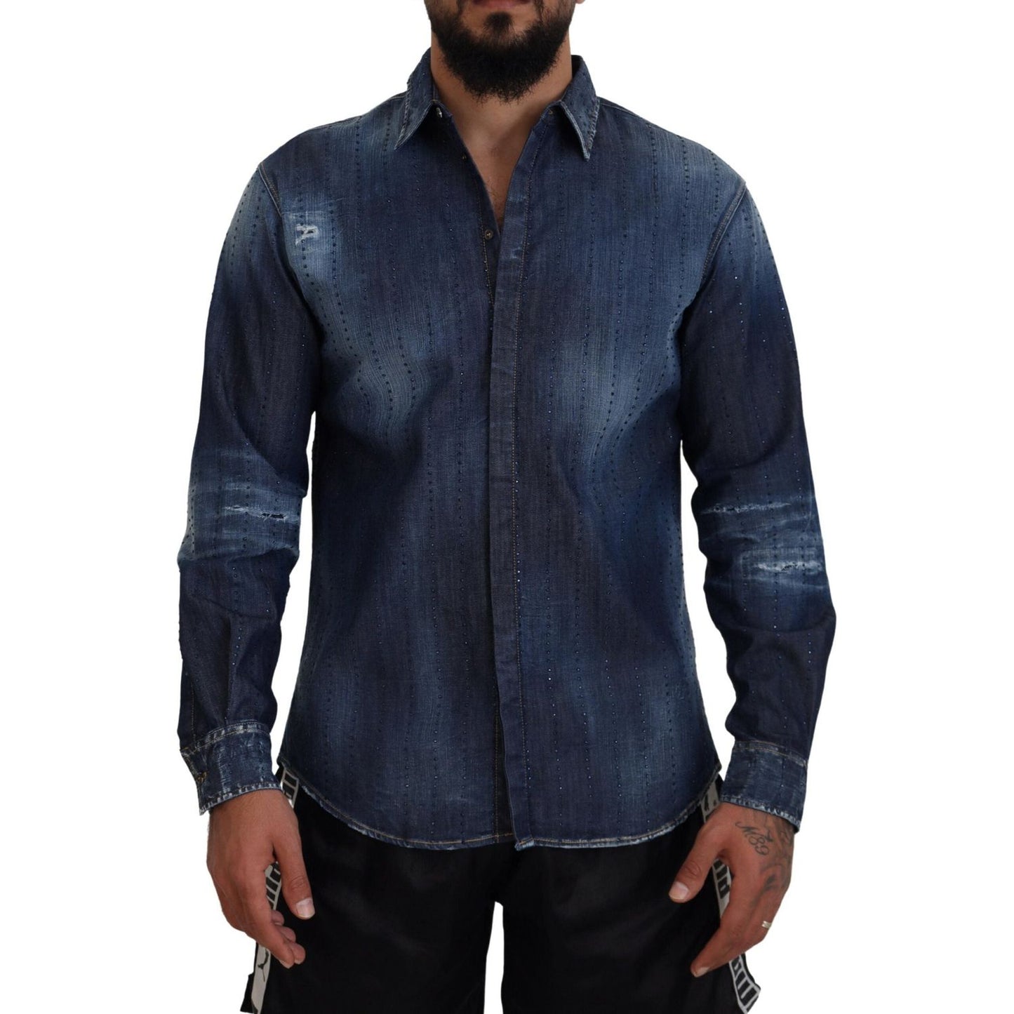 Dsquared² Blue Tattered Crystal Embellished Denim Shirt Dsquared²