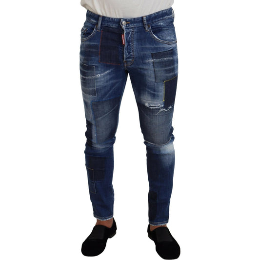 Dsquared² Blue Washed Patchwork Skinny Men Denim Jeans Dsquared²