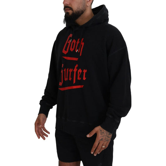 Black Cotton Hooded Printed Men Pullover Sweater