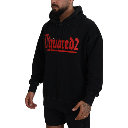 Black Cotton Hooded Printed Men Pullover Sweater