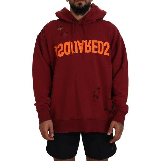 Dsquared² Maroon Cotton Tattered Hooded Printed Pullover Sweater Dsquared²