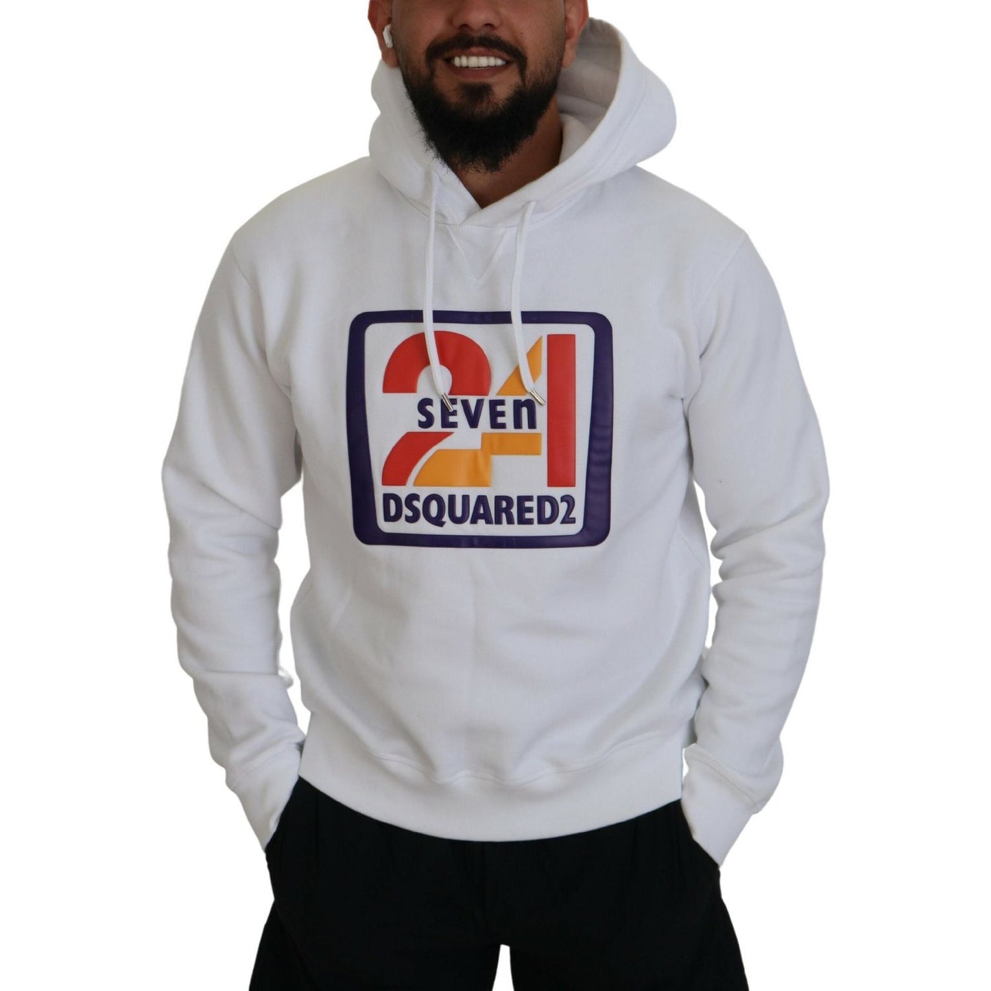 Dsquared² White Cotton Hooded Printed Men Pullover Sweater Dsquared²