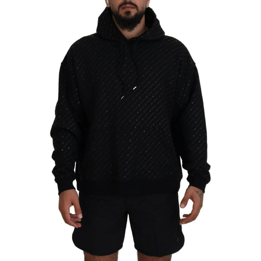 Black Cotton Hooded Printed Men Pullover Sweater