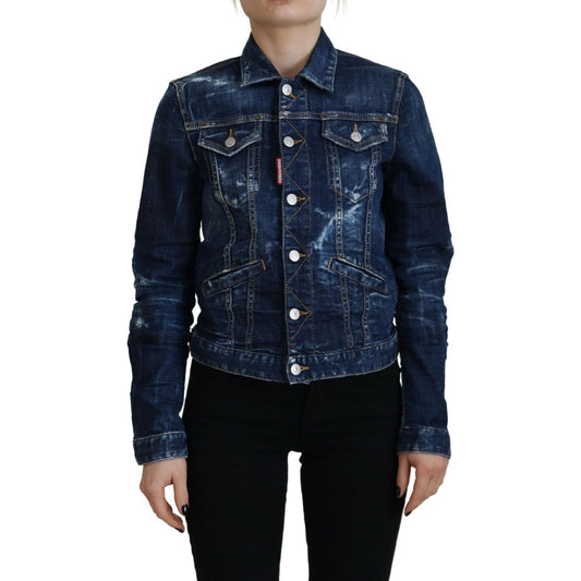 Blue Icon Printed Distressed Denim Jacket