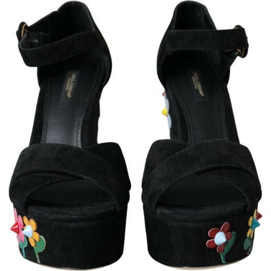 Dolce & Gabbana Black Floral Ankle Strap Heels Sandals Shoes Dolce & Gabbana