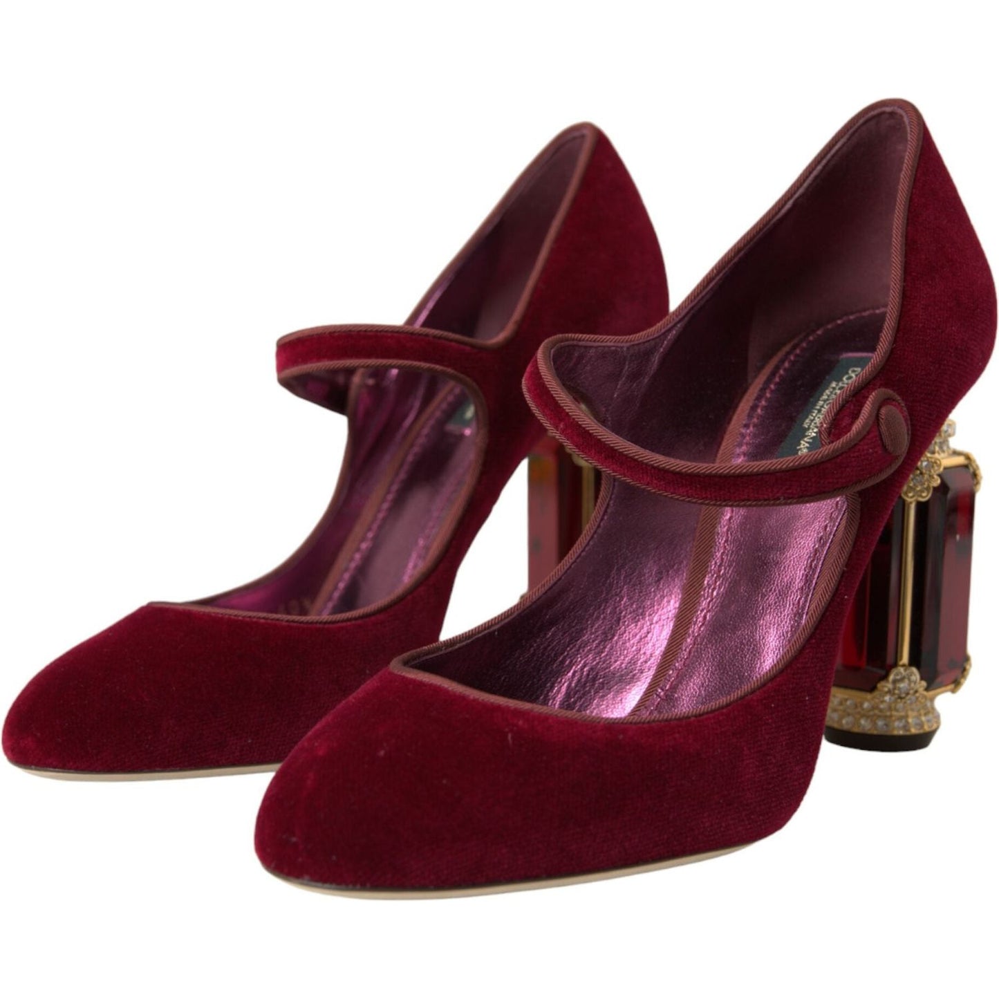 Dolce & Gabbana Red Velvet Gold Crystals Heels Mary Jane Shoes Dolce & Gabbana