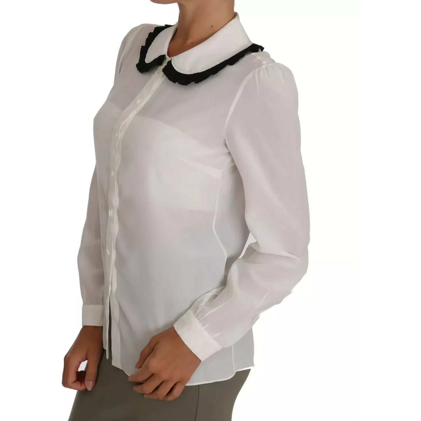 Dolce & Gabbana White Silk Shirt Ruffle Rouded Collar Blouse Dolce & Gabbana