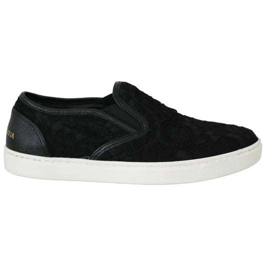 Dolce & Gabbana Black Lace Leather Logo Flat Slip-On Sneakers Dolce & Gabbana