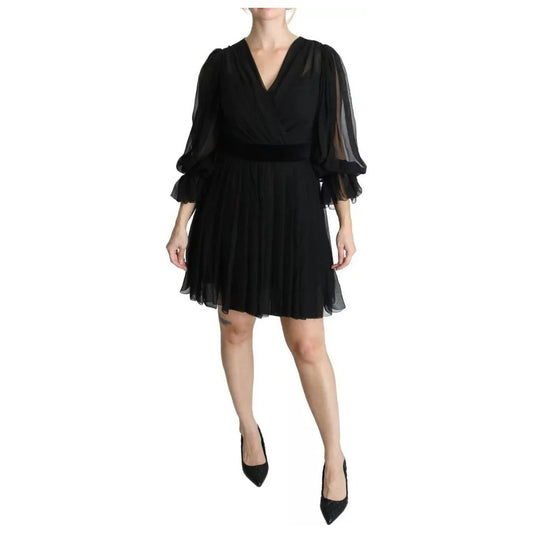 Dolce & Gabbana Black Mesh Pleated Mini Silk Blend Dress Dolce & Gabbana