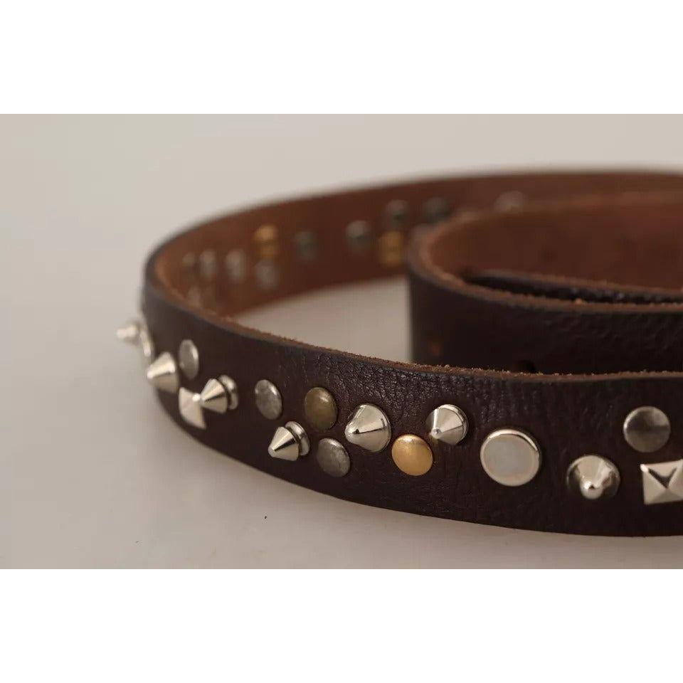 Dolce & Gabbana Brown Leather Studded Silver Metal Buckle Belt Dolce & Gabbana