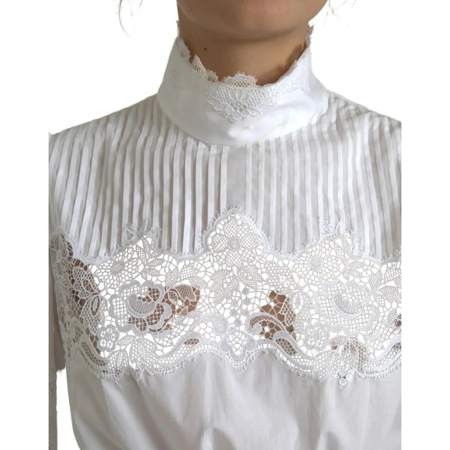 Dolce & Gabbana White Cotton Lace Trim Turtle Neck Top Blouse Dolce & Gabbana