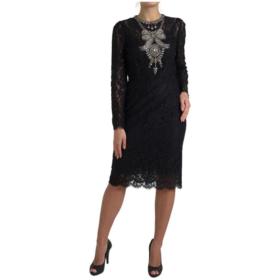 Dolce & Gabbana Black Nylon Lace Embellished Sheath Dress Dolce & Gabbana