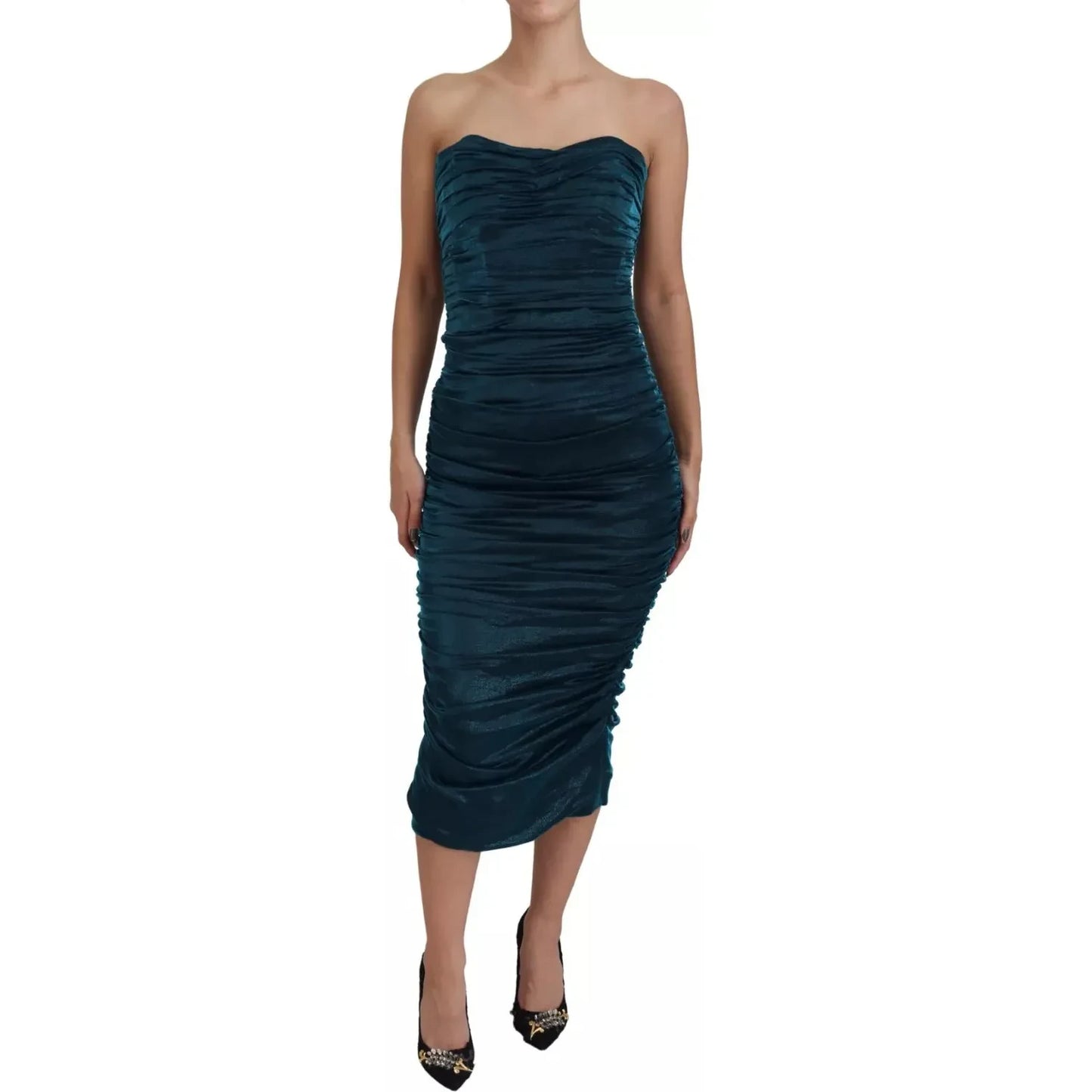 Dolce & Gabbana Silk Blend Blue Satin Fitted Strapless Dress Dolce & Gabbana