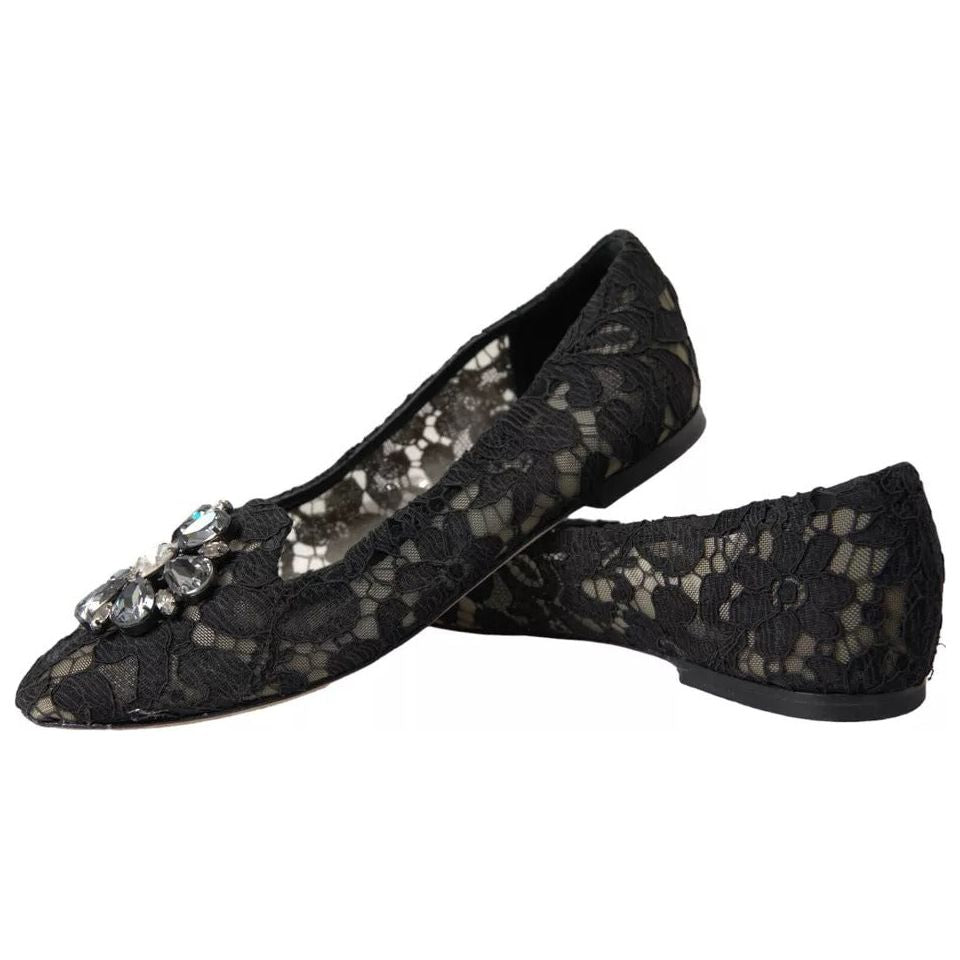 Dolce & Gabbana Black Taormina Lace Crystals Flats Shoes Dolce & Gabbana