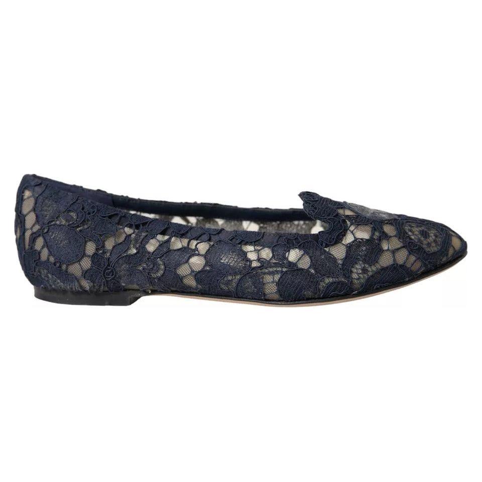 Dolce & Gabbana Dark Blue Taormina Lace Slip On Flats Shoes Dolce & Gabbana