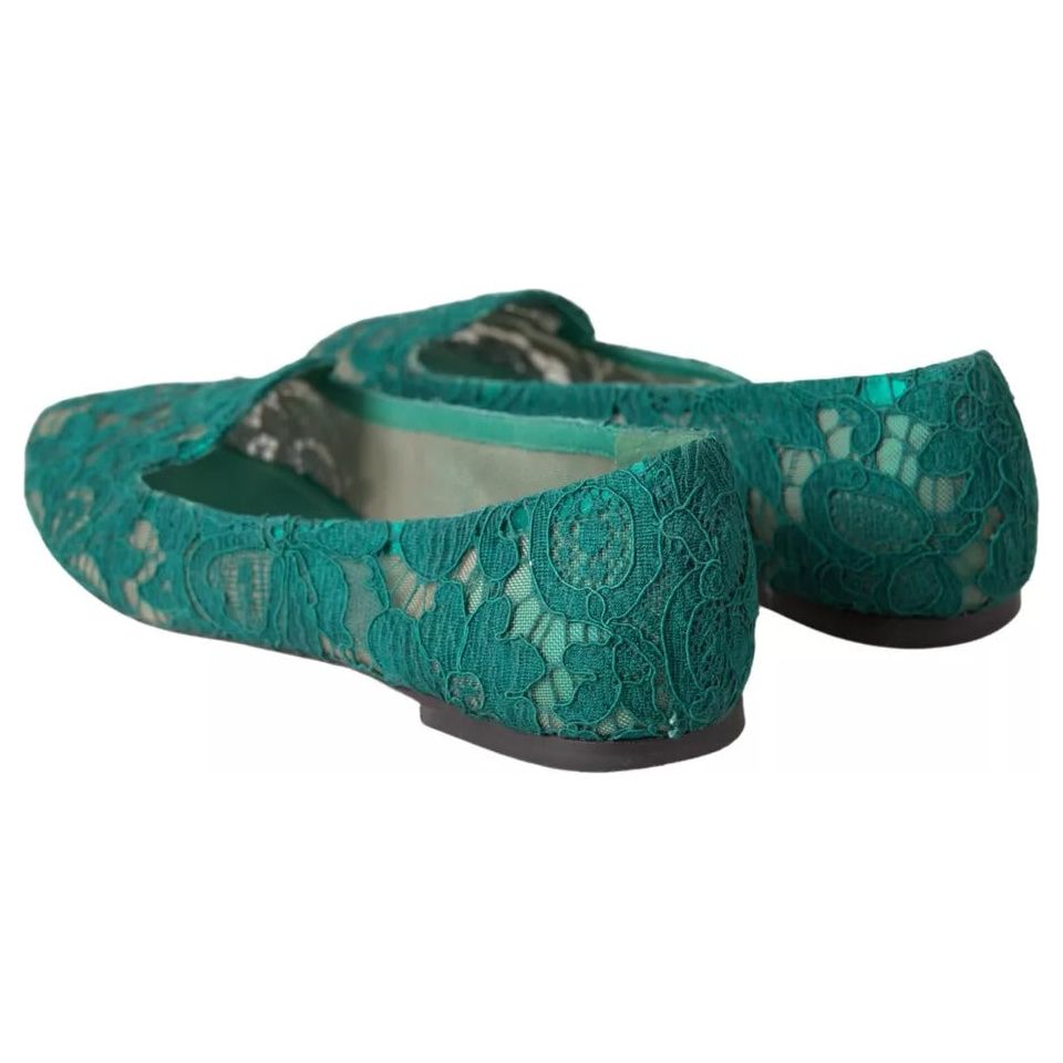 Dolce & Gabbana Green Floral Lace Loafers Flats Shoes Dolce & Gabbana