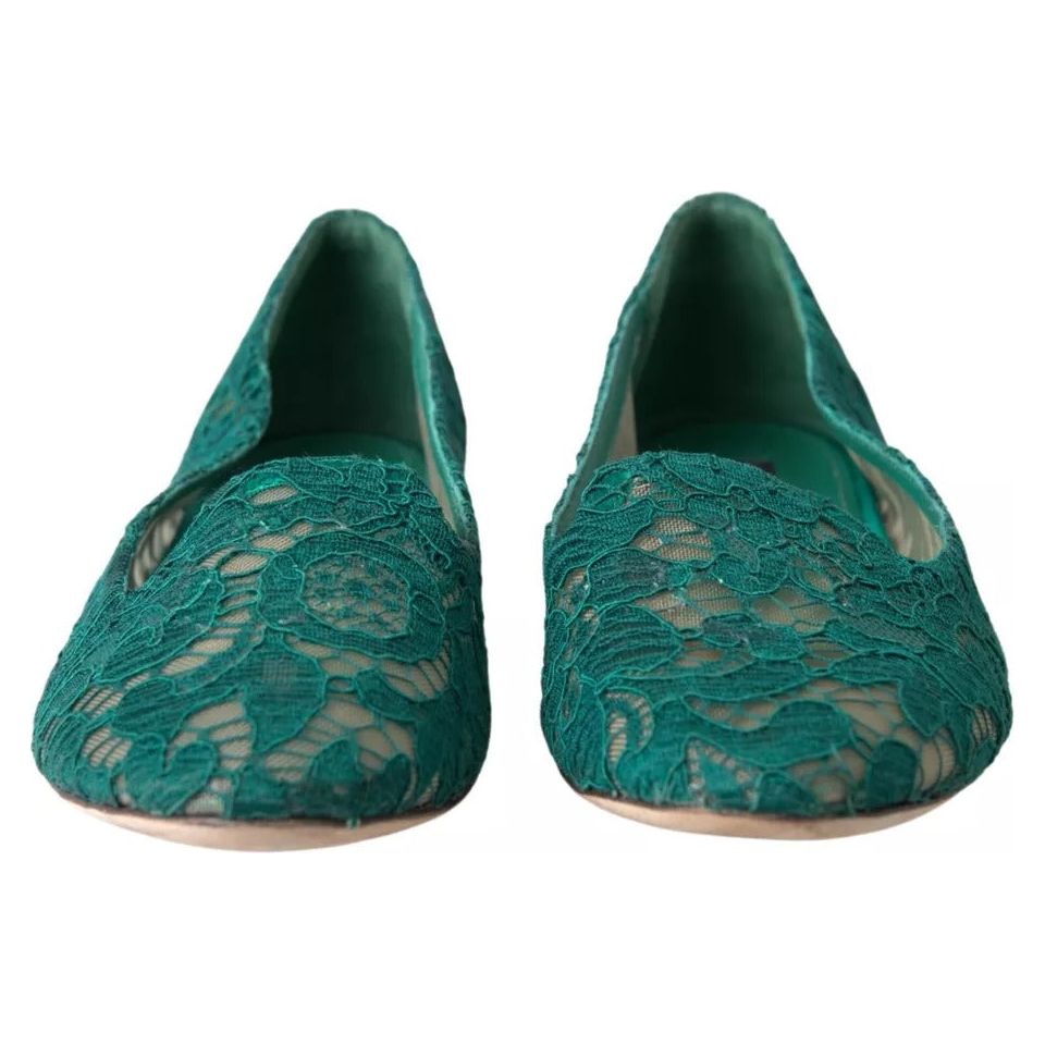 Dolce & Gabbana Green Floral Lace Loafers Flats Shoes Dolce & Gabbana