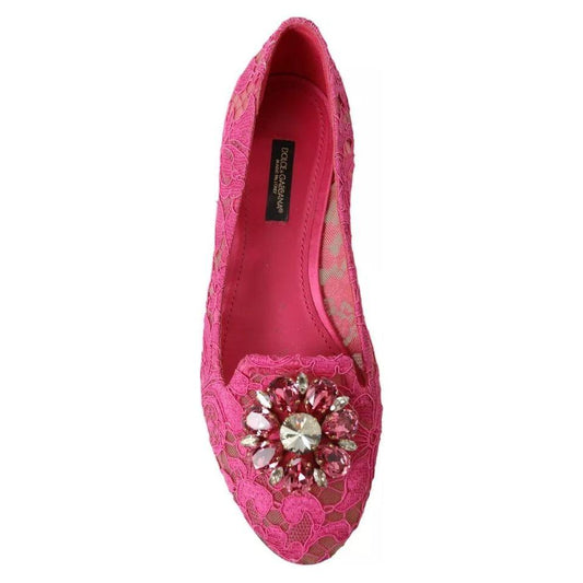 Dolce & Gabbana Pink Lace Crystal Ballet Loafers Shoes Dolce & Gabbana