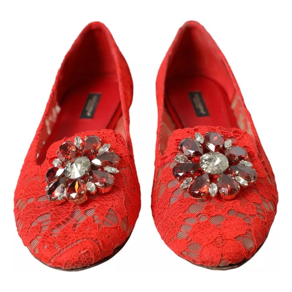 Dolce & Gabbana Red Lace Crystal Ballet Loafers Shoes Dolce & Gabbana