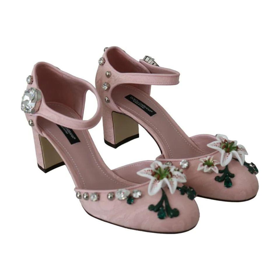 Dolce & Gabbana Pink Brocade Crystal Lily Ankle Strap Shoes Dolce & Gabbana