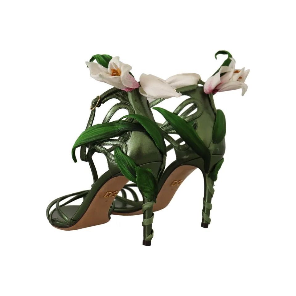 Dolce & Gabbana Acid Green Leather Strappy Flower Heels Sandals Shoes Dolce & Gabbana