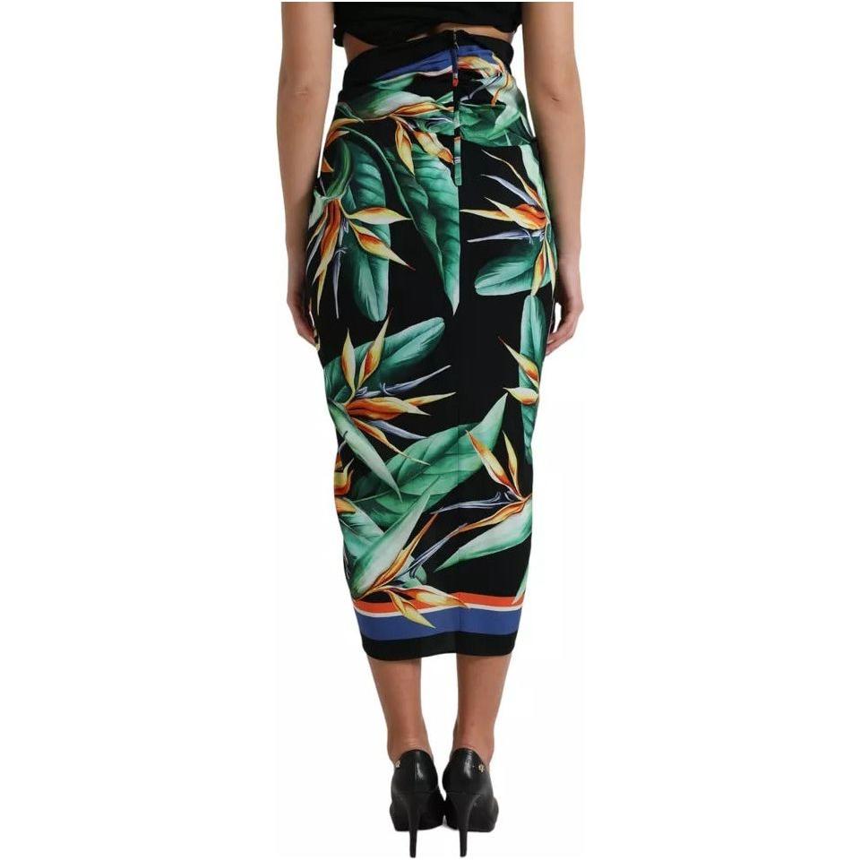 Dolce & Gabbana Black Strelitzia High Waist Wrap Midi Skirt Dolce & Gabbana