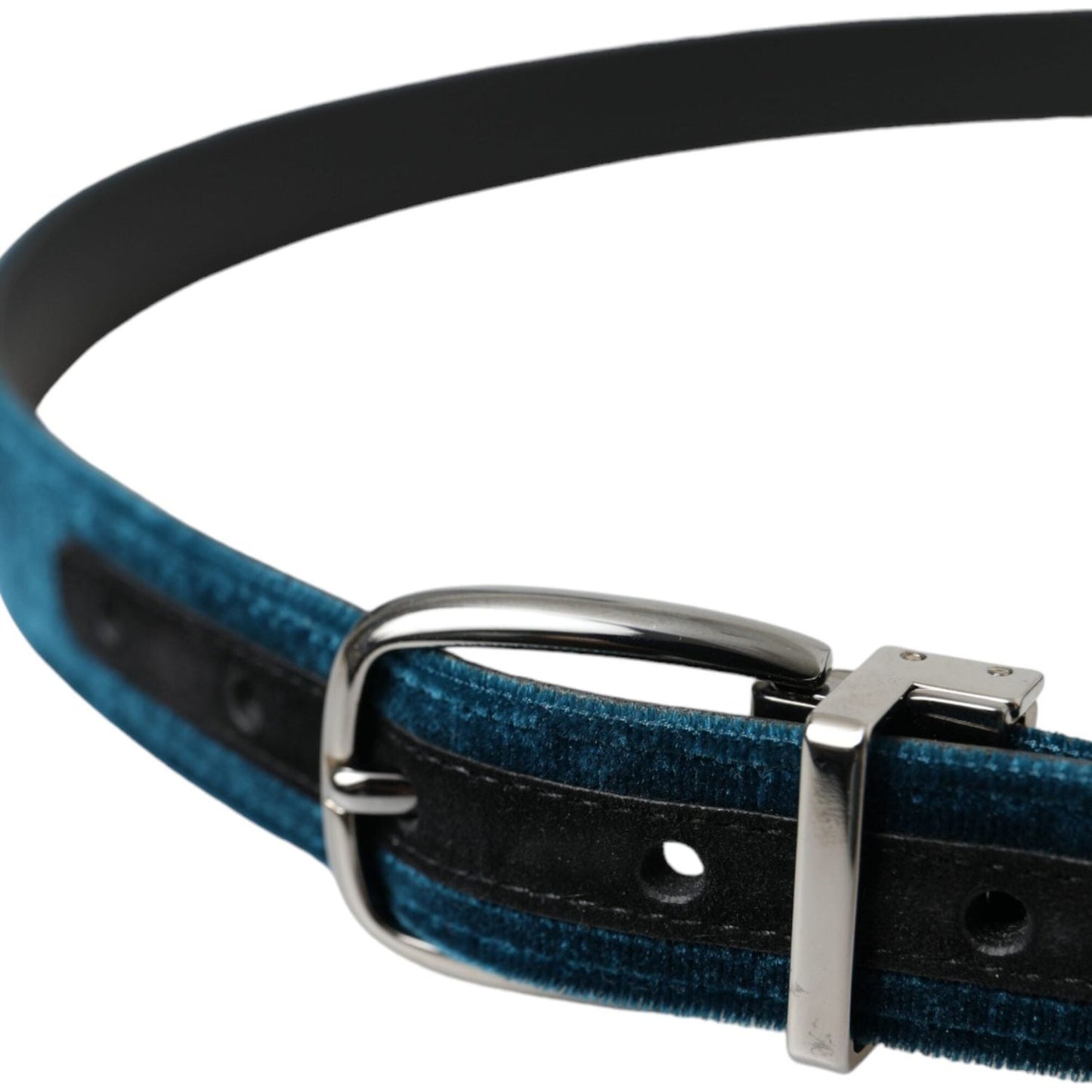 Dolce & Gabbana Blue Velvet Leather Silver Metal Buckle Belt Dolce & Gabbana