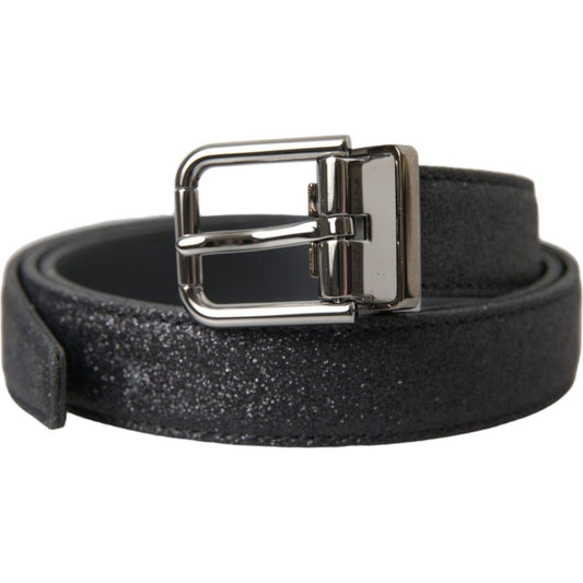 Dolce & Gabbana Black Glittered Leather Silver Buckle Belt Dolce & Gabbana