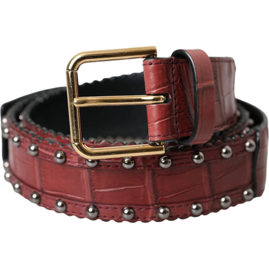 Brown Alligator Leather Studded Metal Buckle Belt