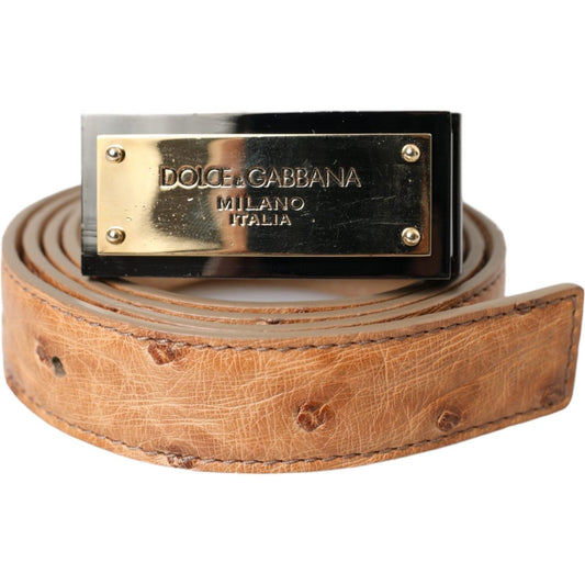 Beige Leather Gold Logo Engraved Buckle Belt