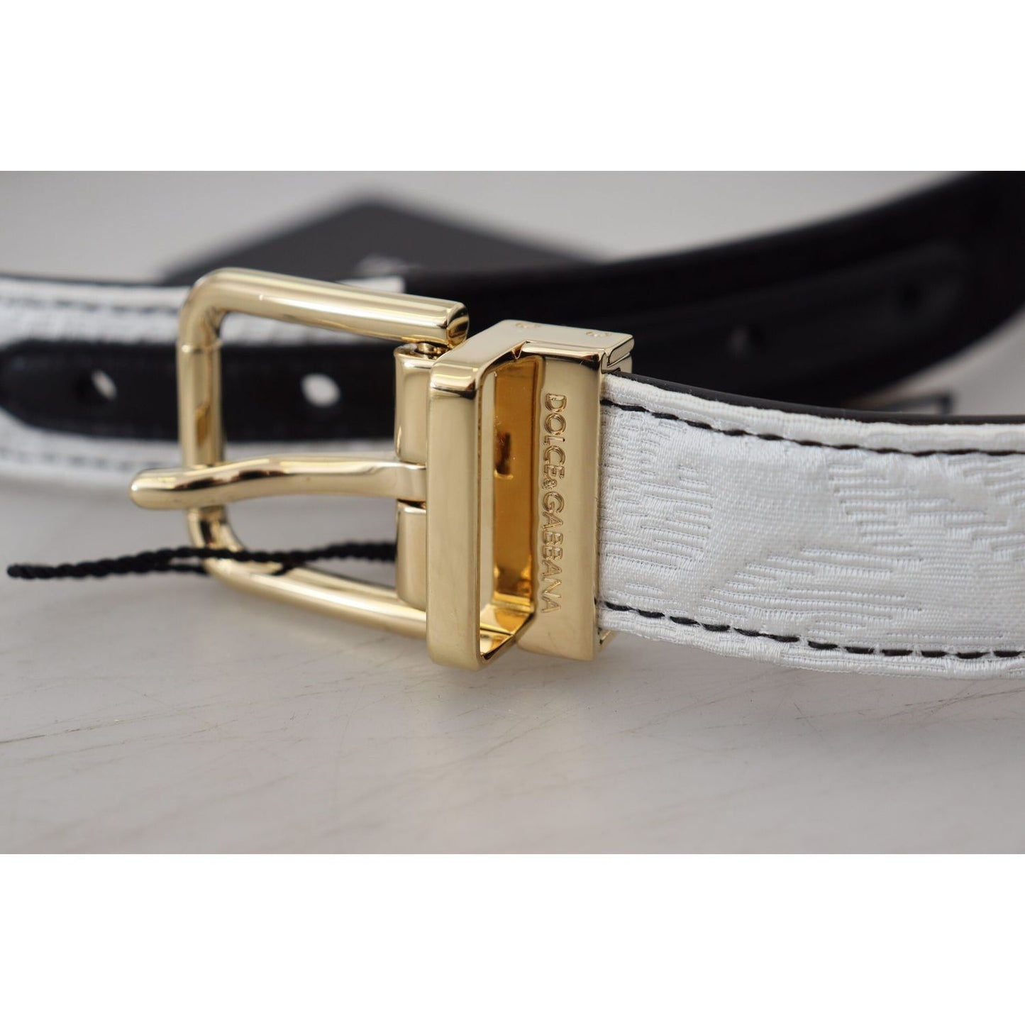 Dolce & Gabbana White Black Patchwork Gold Metal Buckle Belt Dolce & Gabbana