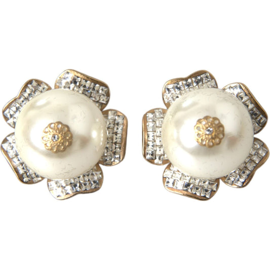 Dolce & Gabbana Gold Tone Maxi Faux Pearl Floral Clip-on Jewelry Earrings Dolce & Gabbana