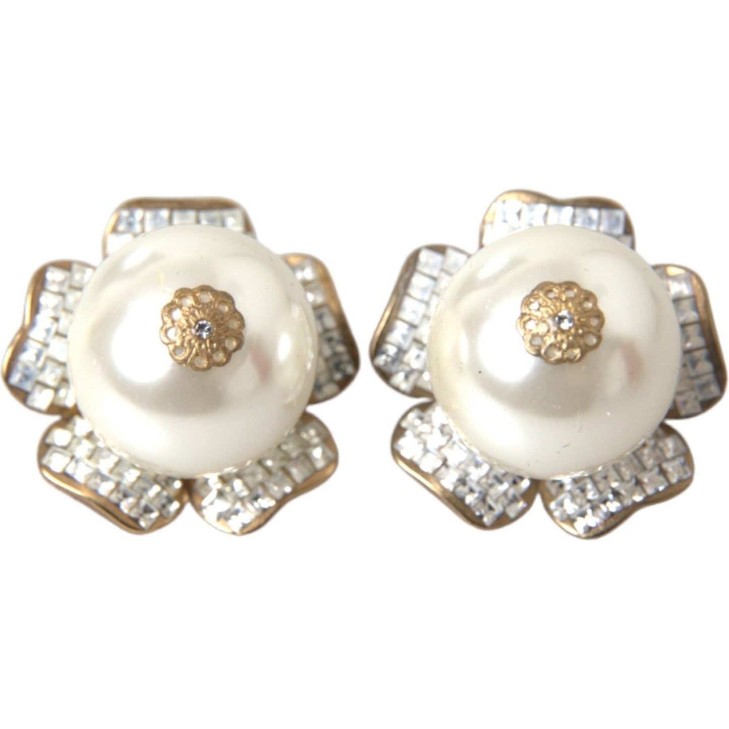 Dolce & Gabbana Gold Tone Maxi Faux Pearl Floral Clip-on Jewelry Earrings Dolce & Gabbana