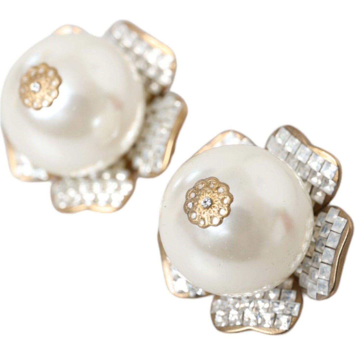 Dolce & Gabbana Gold Tone Maxi Faux Pearl Floral Clip-on Jewelry Earrings Dolce & Gabbana