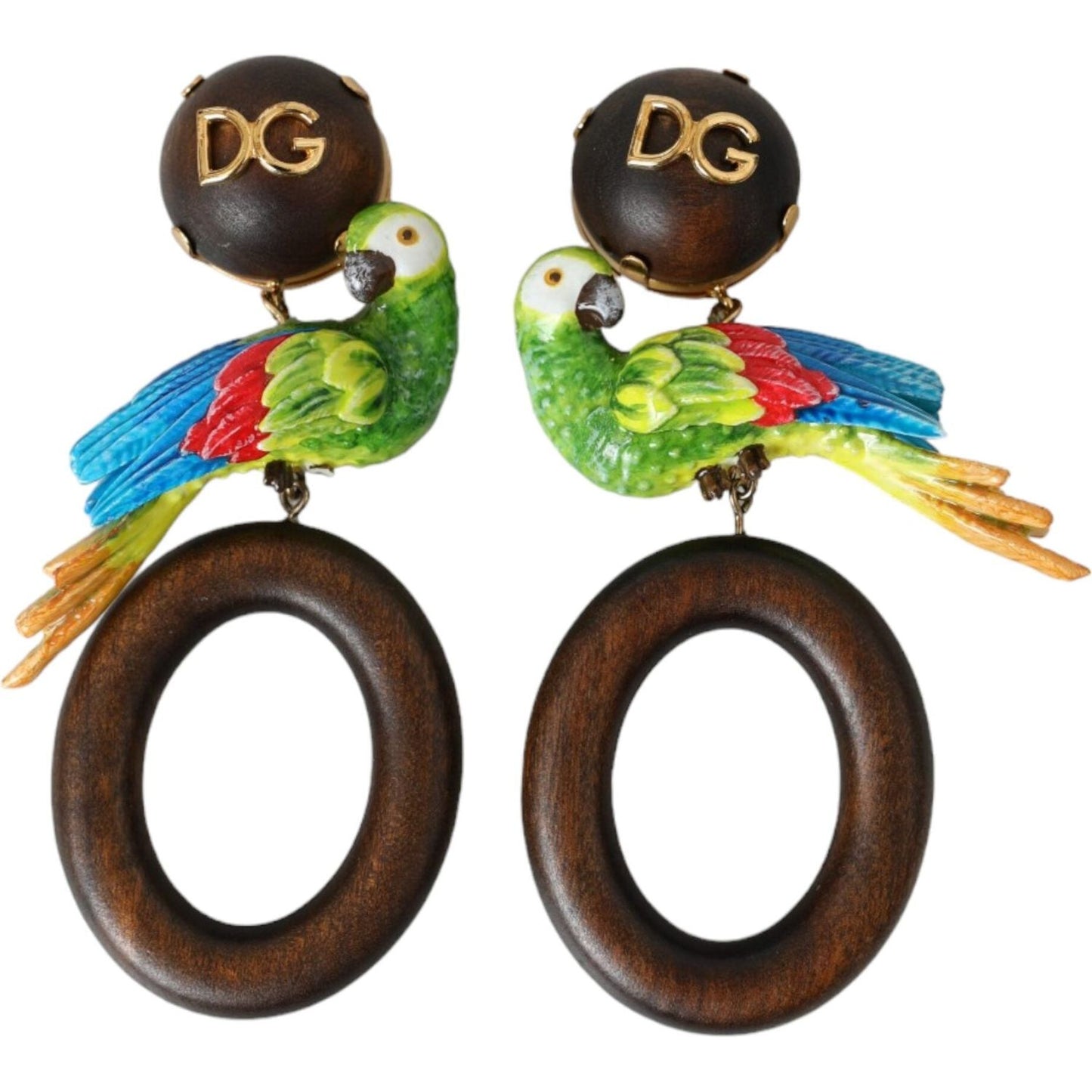 Dolce & Gabbana Multicolor Parrot Wood Brass Crystal Embellished Earring Dolce & Gabbana