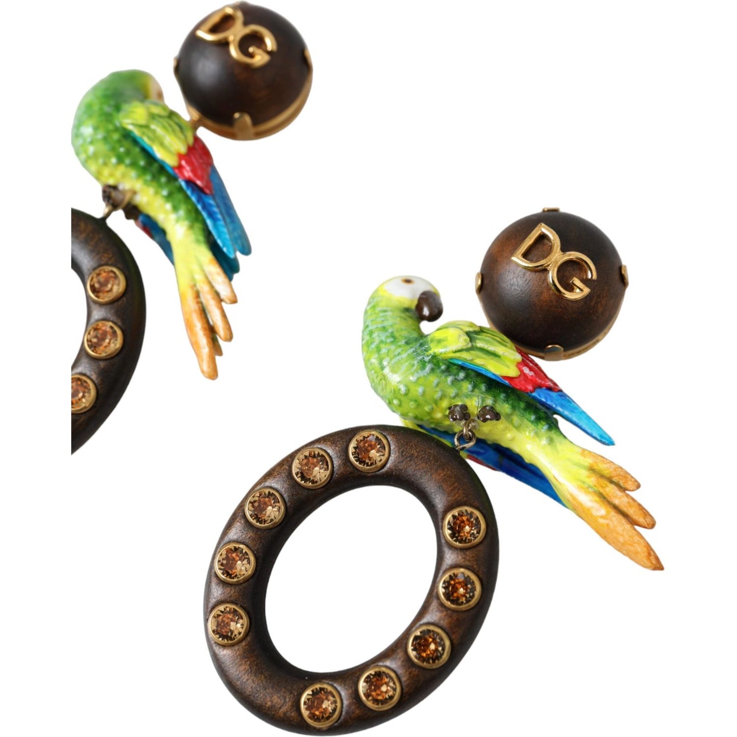 Dolce & Gabbana Multicolor Parrot Wood Brass Crystal Embellished Earrings Earrings Dolce & Gabbana