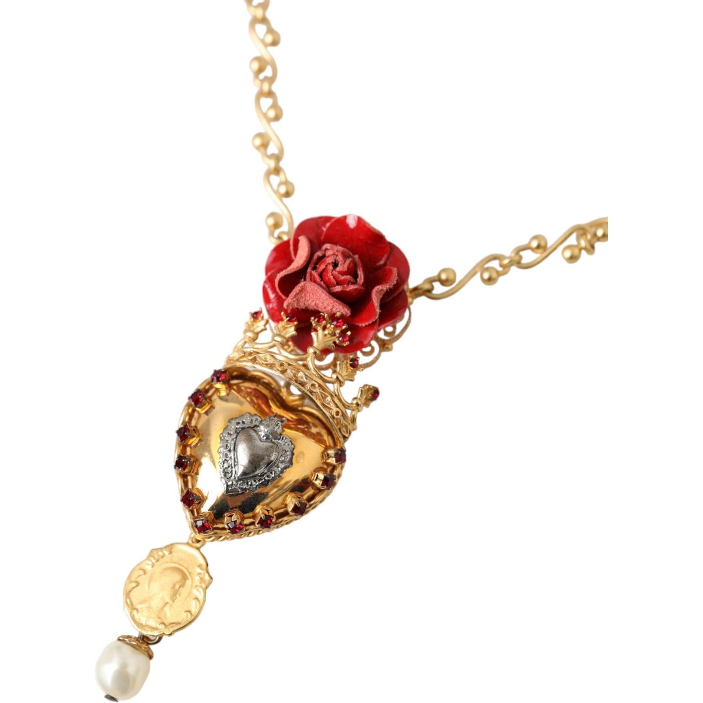 Dolce & Gabbana Gold BrassChain Sacred Heart Rose Crystal Charm Necklace Dolce & Gabbana