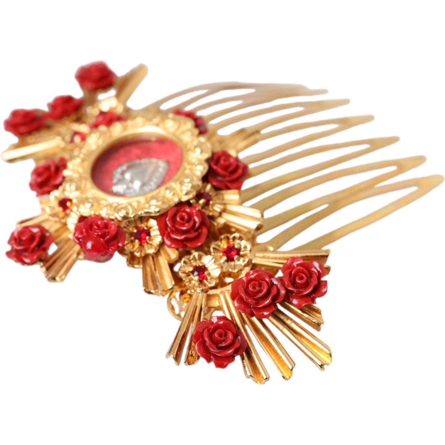 Dolce & Gabbana Gold Brass Crystal Heart Floral Hair Comb Dolce & Gabbana