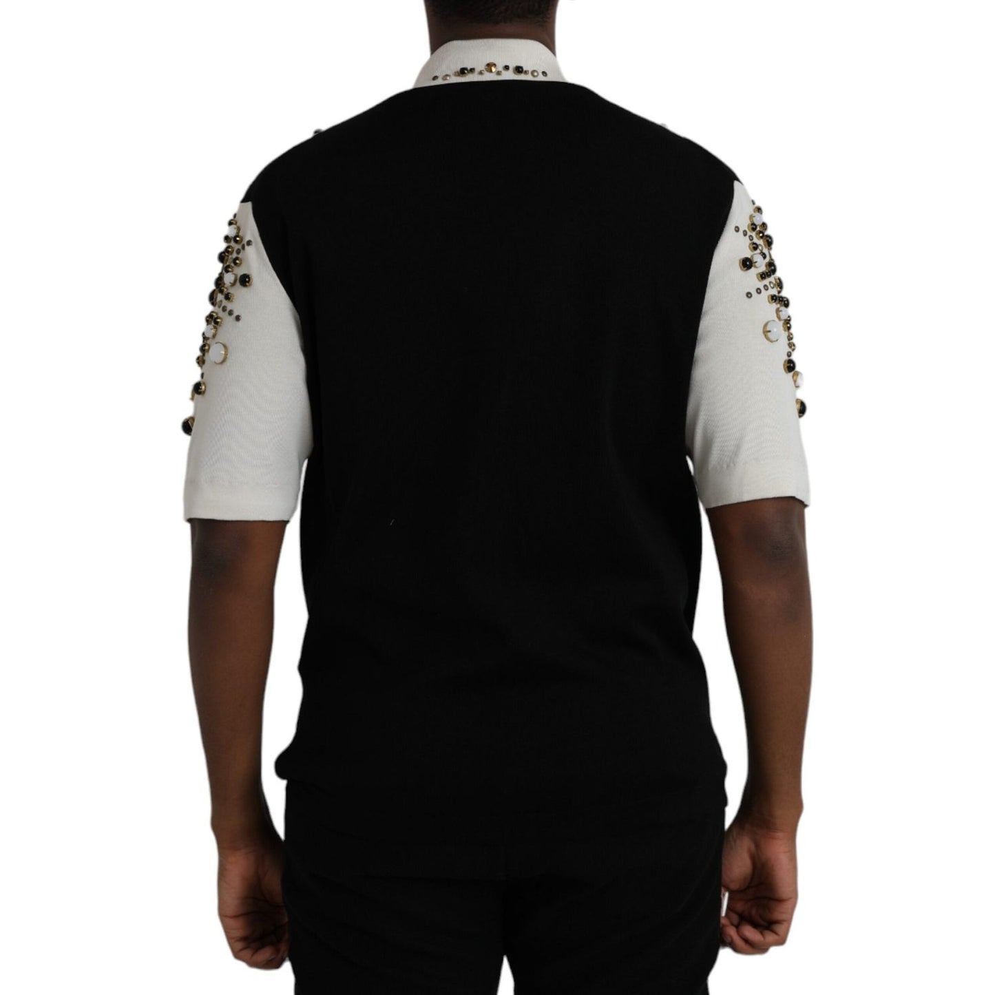 Dolce & Gabbana White Black Silk Studded Stone Crystal Shirt Dolce & Gabbana